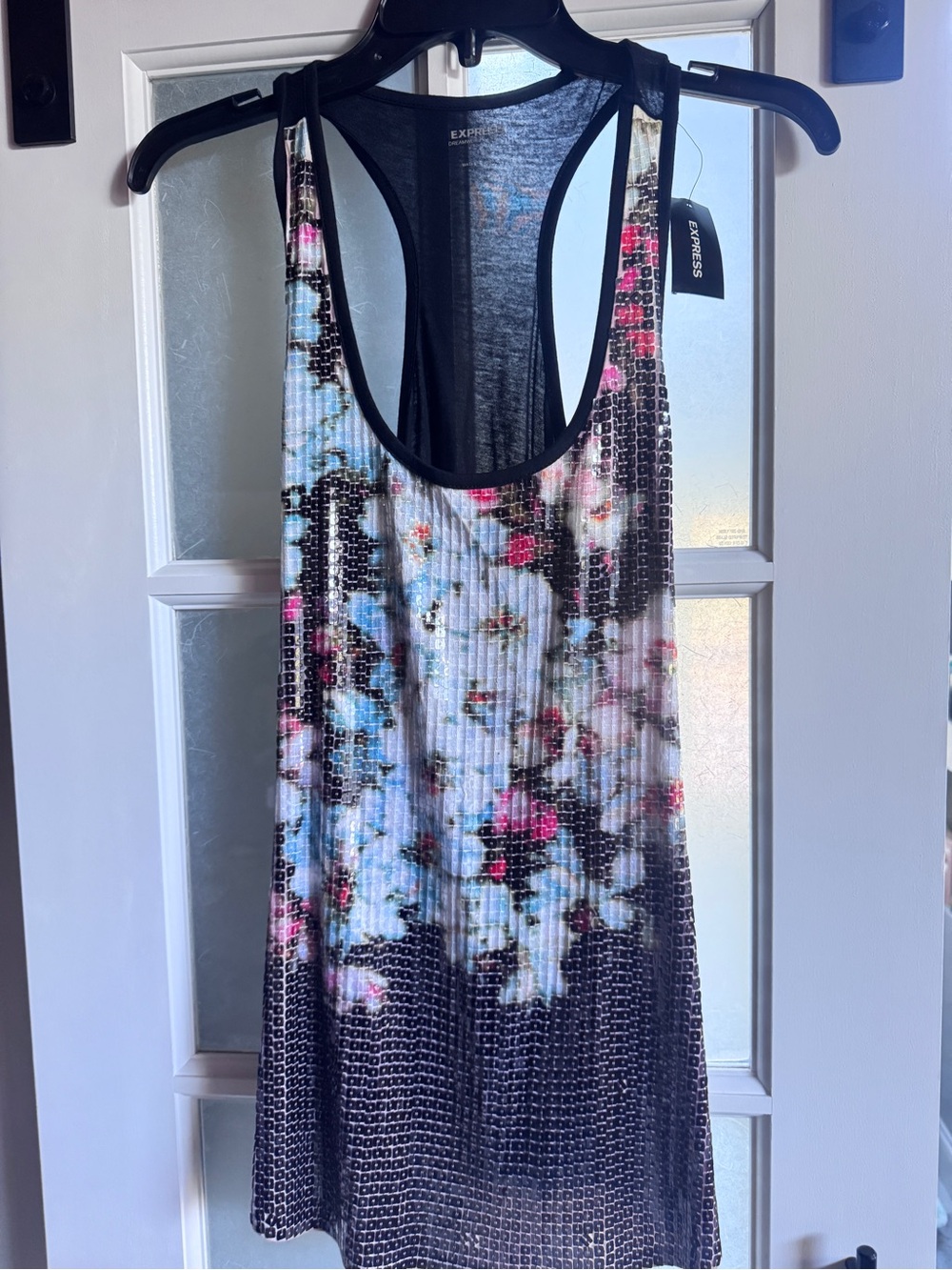 Express Sequined Floral Racerback Tank Top - Black, White & Pink